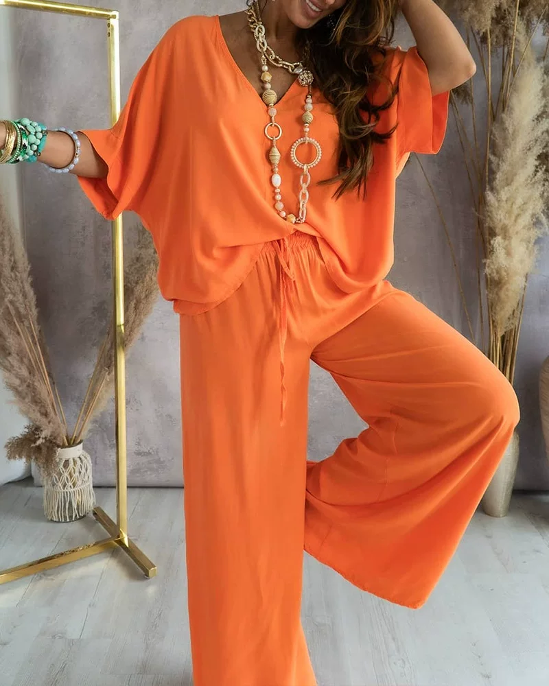 Повседневный комплект блузка с рукавами-лепестками и брюками BATWING SLEEVE TOP & Casual Pants Set