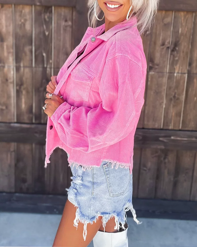 Pink short button long -sleeved jacket Corduroy Distanced Buttoned Shacket