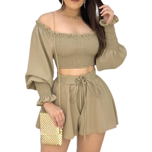 OffShoulderRuchedCropTopShortsSetRuched strappy top and shorts set