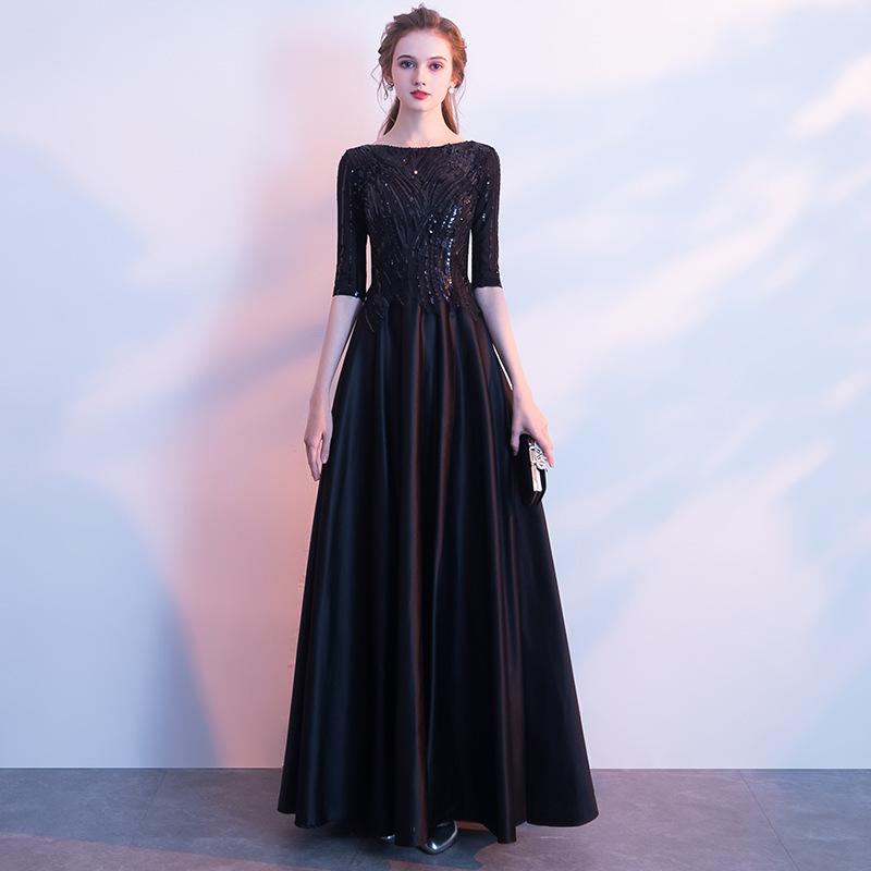 Black Evening Dress for Women 2024 Autumn and Winter New Style Elegant Long Dress for Socialites Banquet Host Performance