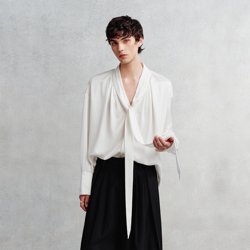 [Liu Yuning's Style] Ordudiordu【Moonlight Hymn】High-End Drapey Acetate Shirt with Stand Collar and Ribbon
