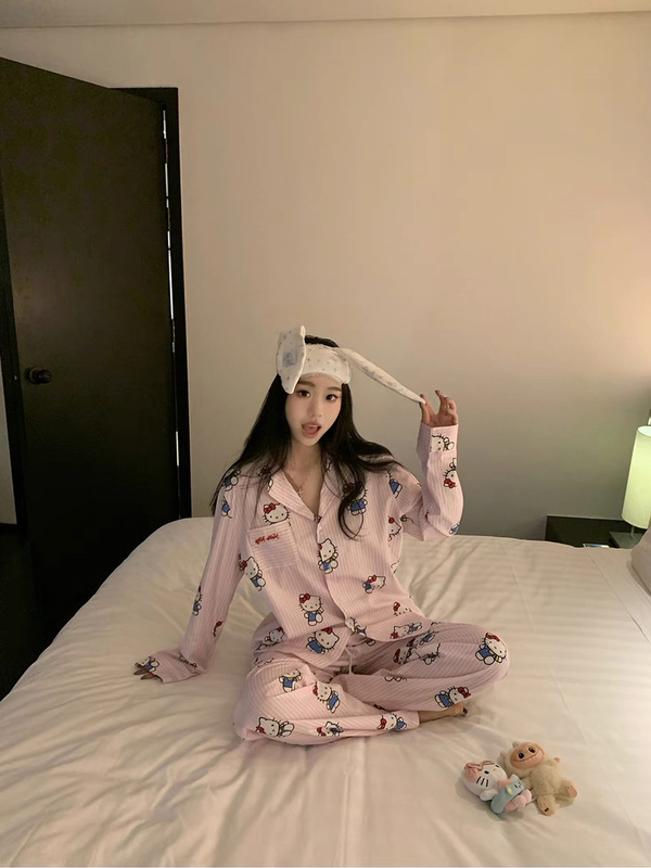 2026 Spring New Sweetheart Kt Cat All-Cotton Cute Cartoon Striped Print Homewear Pajama Pants Set for Women