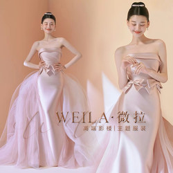 2023 Vera's new movie studio theme wedding clothing high -end pink gauze tube top fishtail satin dress