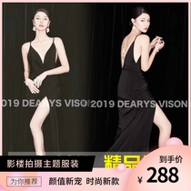 Sexy halter deep V-neck high open tow tail black satin dress new photo studio photo theme clothing