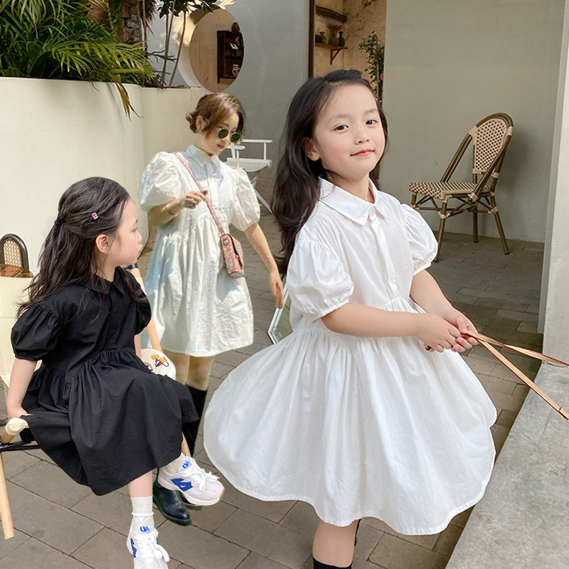 22 summer parent-child dress girls puff sleeve lapel sweet wind dress middle and small children Korean version of the Western style cotton short-sleeved skirt