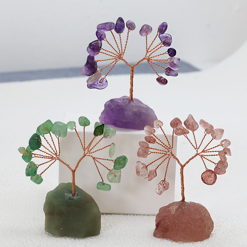 Natural Multicolored Crystal Raw Stone Gravel Money Tree Handmade Woven Mineral Gemstone Base Fortune Tree Desktop Ornament