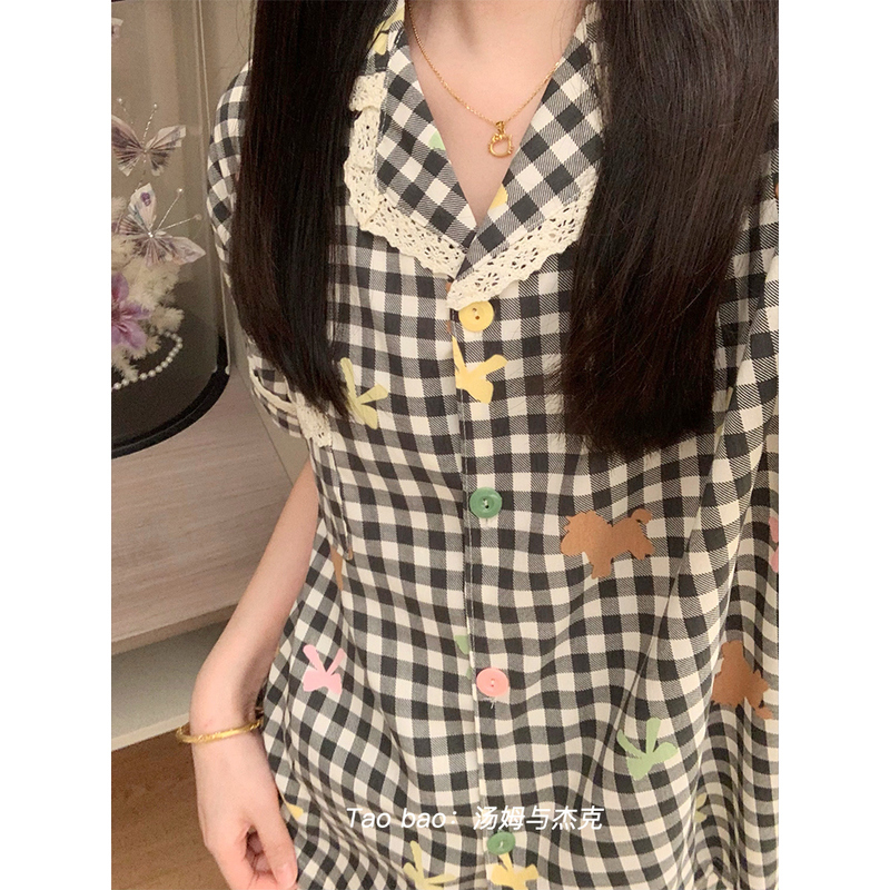 Ins Korean Pajamas for Women Summer Short-Sleeved Cartoon Pony Plaid Cloud Cotton Student Loose Three-Piece Home Clothes Set Ins Korean Pajamas for Women Summer Short-Sleeved Cartoon Pony Plaid Cloud Cotton Student Loose Three-Piece Home Clothes Set