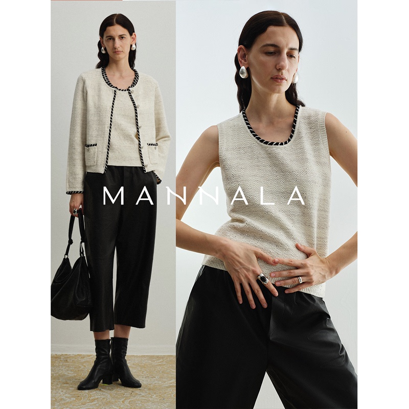 Mannala | “Elegant Fragrance” Temperament Sheep Wool Sequin Yarn Contrast Color Small Fragrance Sweater Two-Piece Set Q4642