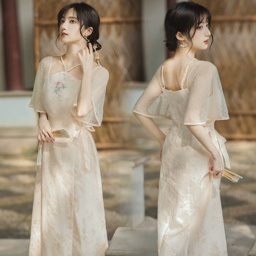 Летняя ретро юбка, мегафон, платье с рукавами, китайский стиль, с вышивкой