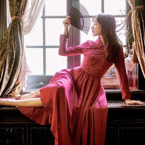 Легкое демисезонное ципао, приталенный ретро красный корсет, светлый стиль