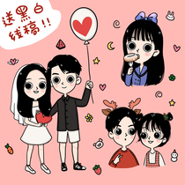 ins Wind black and white Q version hand-painted Avatar simple fixed production live photo to cartoon logo couple design Comics