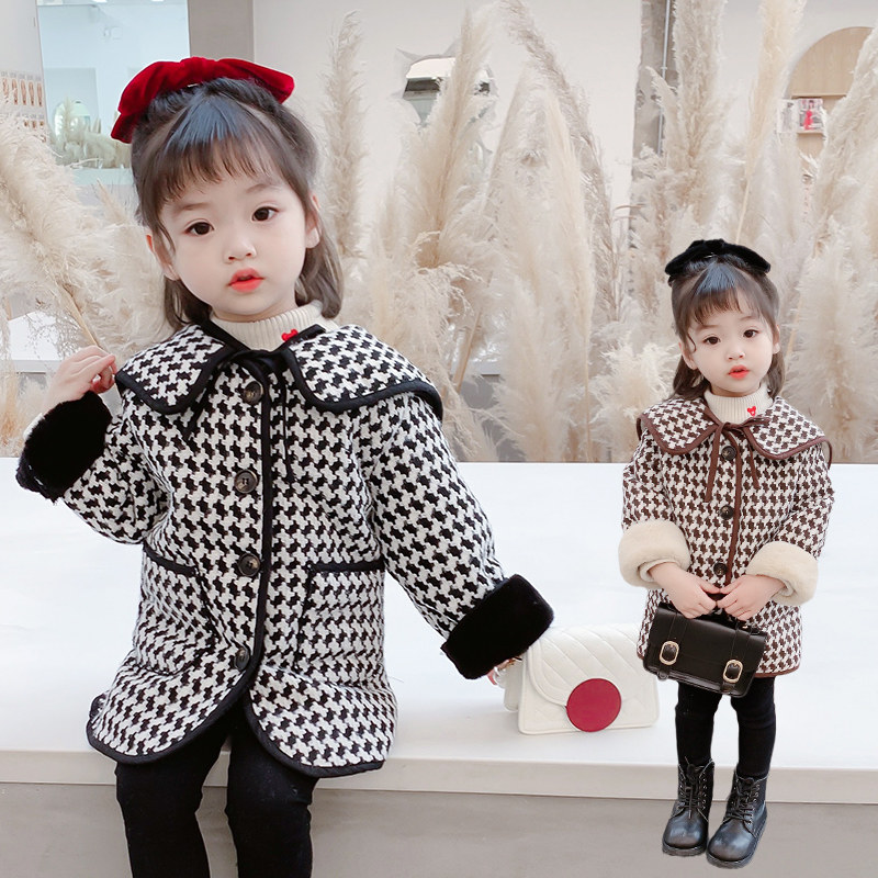 Girls' fleece thickened plaid coat children's woolen 2021 winter new baby mid-length houndstooth coat