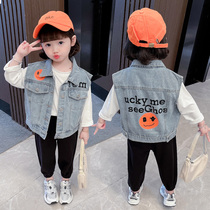 Girls Spring Clothing 2021 New Childrens Spring and Autumn Fashion Vest Childrens Western-style Outer Wear Vest Baby Denim Jacket