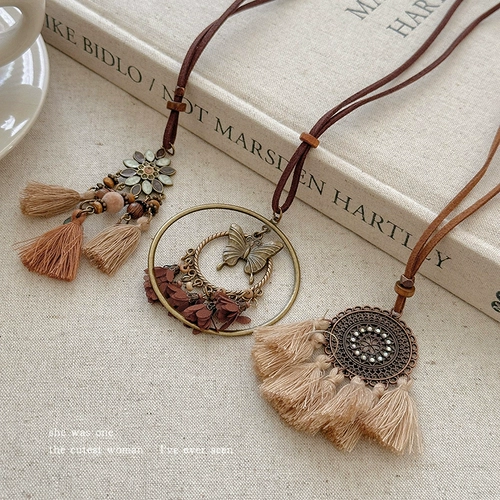 Женское колье с кисточками в богемном коричневом стиле в стиле ретро, ​​цепочка на ключицу в экзотическом этническом стиле, цепочка-подвеска-свитер, длинная версия