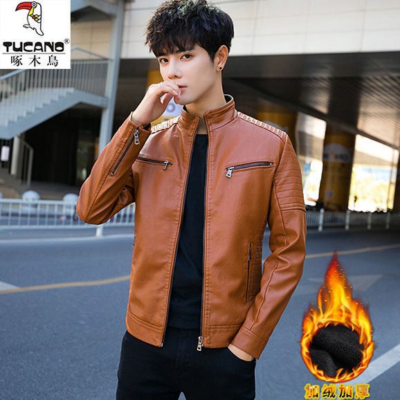 Autumn and Winter New Style Thick and Thin Casual Men's Genuine Leather Jacket Trendy Fleece-Lined Motorcycle Outdoor Stand-Collar Soft Leather Coat for Men Stylish