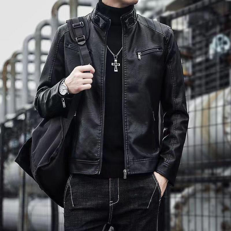 Men's Leather Jacket New Style Spring and Autumn Thin Korean Style Trendy Handsome Motorcycle Leather Jacket Autumn and Winter Fleece-Lined Thickened Men's Coat