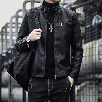 Men's leather jacket new spring and autumn thin korean style trendy and handsome motorcycle leather jacket autumn and winter velvet thickened men's jacket