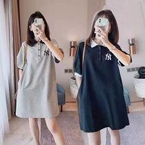 2022 new pregnant women summer dress POLO collar dress with dress medium length loose pure cotton slimless Korean version blouses collar skirt