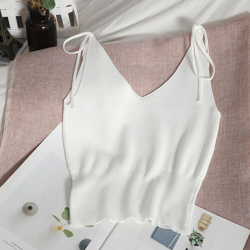 WhiteSolid color Versatile Undershirt Frenulum Self cultivation knitting Halter tops summer wear new pattern Korean version V-neck vest have cash less than that is registered in the accounts jacket