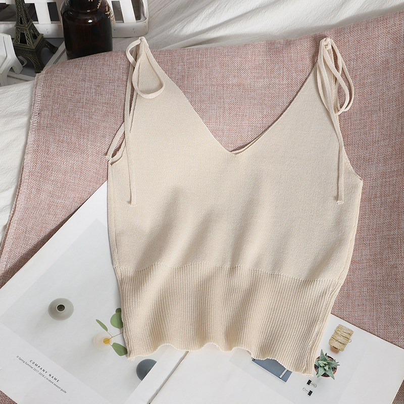 ApricotSolid color Versatile Undershirt Frenulum Self cultivation knitting Halter tops summer wear new pattern Korean version V-neck vest have cash less than that is registered in the accounts jacket