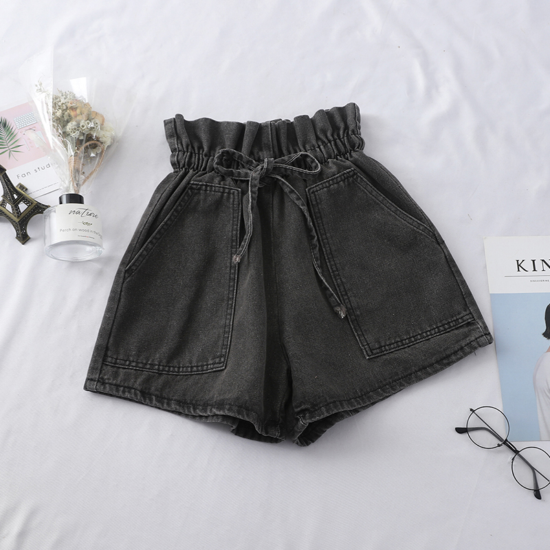 Black GreyBud Frenulum High waist Denim shorts Spring and summer new pattern Hot pants easy Korean version student Wide leg pants tide student