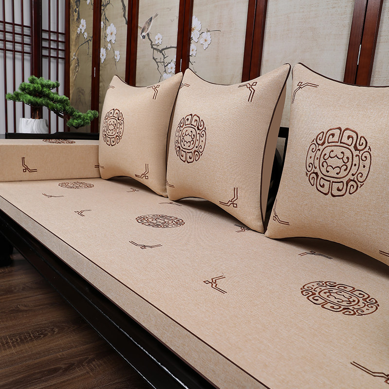 Mahogany sofa cushion embroidery Chinese solid wood Luohan mattress cover latex sponge brown chair cushion non-slip custom