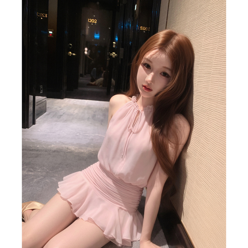 Pink Lace-Up Cut-Out Halter Dress for Women, 2026 Autumn French Style, Sweet and Gentle Temperament, High-End Feel, Waist-Cinching Short Dress Pink Lace-Up Cut-Out Halter Dress for Women, 2026 Autumn French Style, Sweet and Gentle Temperament, High-End Feel, Waist-Cinching Short Dress