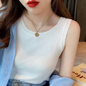 Women's Summer Vest with Wide Shoulder Straps, Ice Silk Camisole Design, Unique Sleeveless T-Shirt, Knitted Base Top