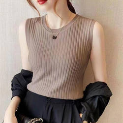 Suspender vest 2022 spring and summer new slim sleeveless knitted bottom shirt elastic round neck T -shirt inside top