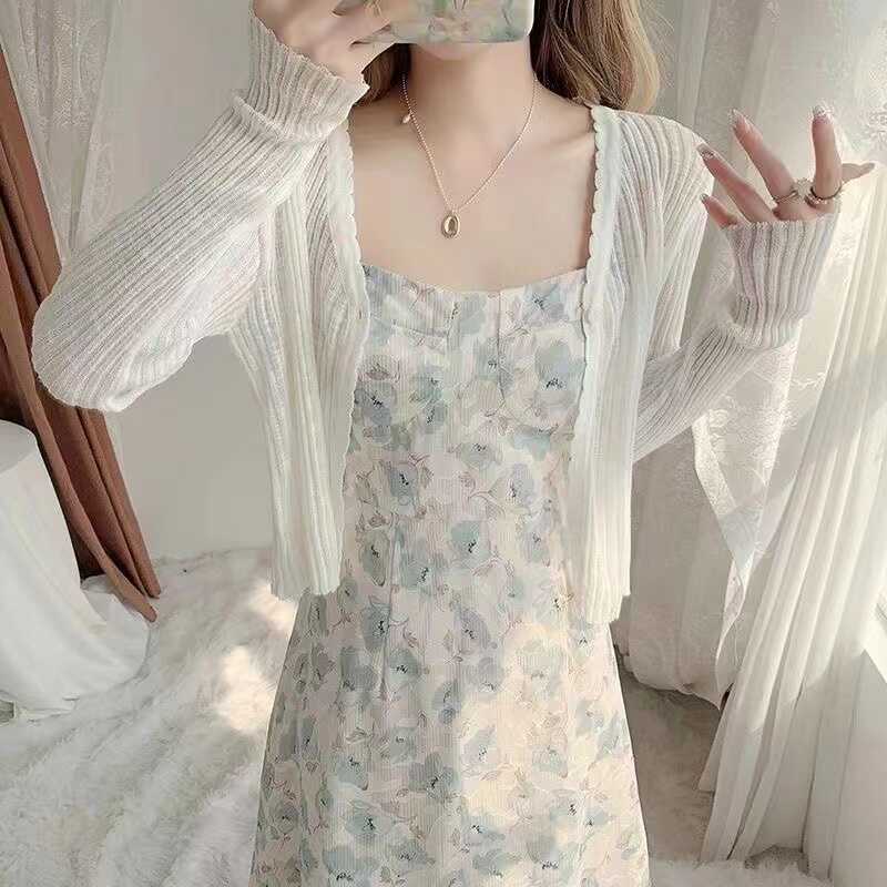French-Style V-Neck Ice Silk Knitted Sun Protection Cardigan for Women, Thin Summer Camisole Dress with Sheer Shawl, Air Conditioning Shirt