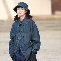 Upright Walking Denim Shirt Jacket Female Design Sensation Small Libyan tide retro disc buckle laminated with neutral wind blouse