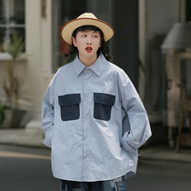 Spring Autumn Day Ensemble Long Sleeve Shirt Woman Retro Port Taste Outside Wearing 100 Loose Tooling Pocket for Long Jacket Students