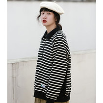 American Spring Autumn Retro Small CrowdDesign Sensation Polo Flipping Striped Sweatshirt Male And Female Long Sleeve Couple Jacket Student Bf