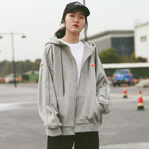 Spring and autumn new zipper sweater women loose lazy wind hooded top Wild thin thin Korean version cardigan jacket