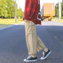 Japanese BF style overalls womens loose straight casual pants neutral handsome large pocket wide leg national tide nine-point pants