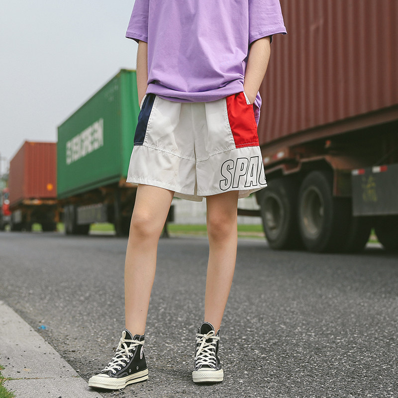 Stitching contrast casual shorts women's high waist A word loose wide leg student pants sports five-point pants bf trend