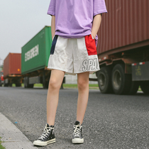 Stitching contrast casual shorts womens high waist A word loose wide leg student pants sports five-point pants bf trend