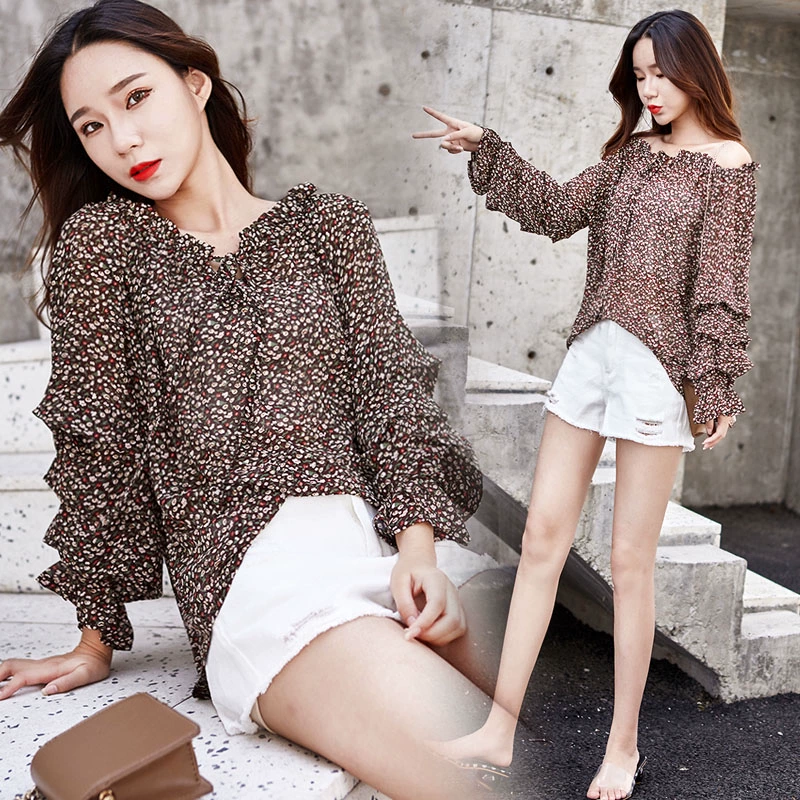 Deep Yidu 2019 xuân hè mặc áo sơ mi nữ mùa xuân và hè mới tay dài in họa tiết voan 8007 - Áo sơ mi chiffon ren