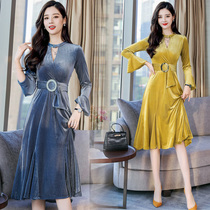 Deep Yidu 2021 autumn new womens spring and autumn long-sleeved elegant luxury gold velvet dress 9221