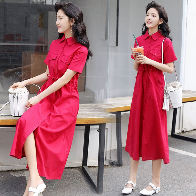 Shen Yidu mùa hè năm 2021 mới của phụ nữ váy dài trung mùa hè áo sơ mi ngắn tay 1844 FK-W - váy đầm