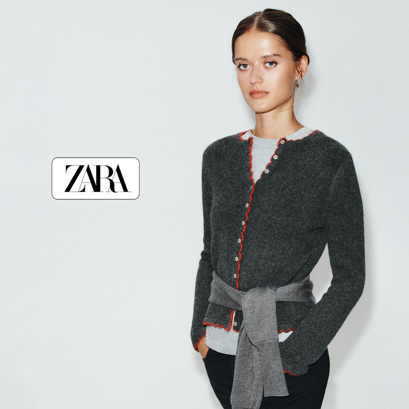 Direct Shipping Zara Women's Knitwear Round Neck Long Cardigan Sweater with Color-Blocking Fan-Shaped Edges Direct Shipping Zara Women's Knitwear Round Neck Long Cardigan Sweater with Color-Blocking Fan-Shaped Edges