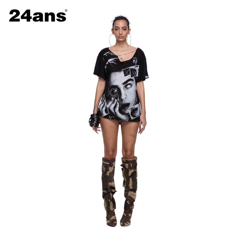 24Ans [Same Style as Lee Yong-Ji] T-Shirt with Tencel, Head Print, Large Open Back, Chain, Loose Fit, Short Sleeves