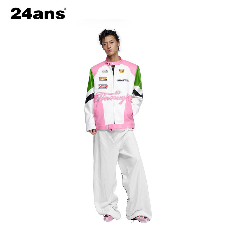 24Ans Ltd Sub-Brand Tmn【Same Style as Wang Sulong】Color-Blocked Leather Jacket Pink-Green/Yellow/Blue