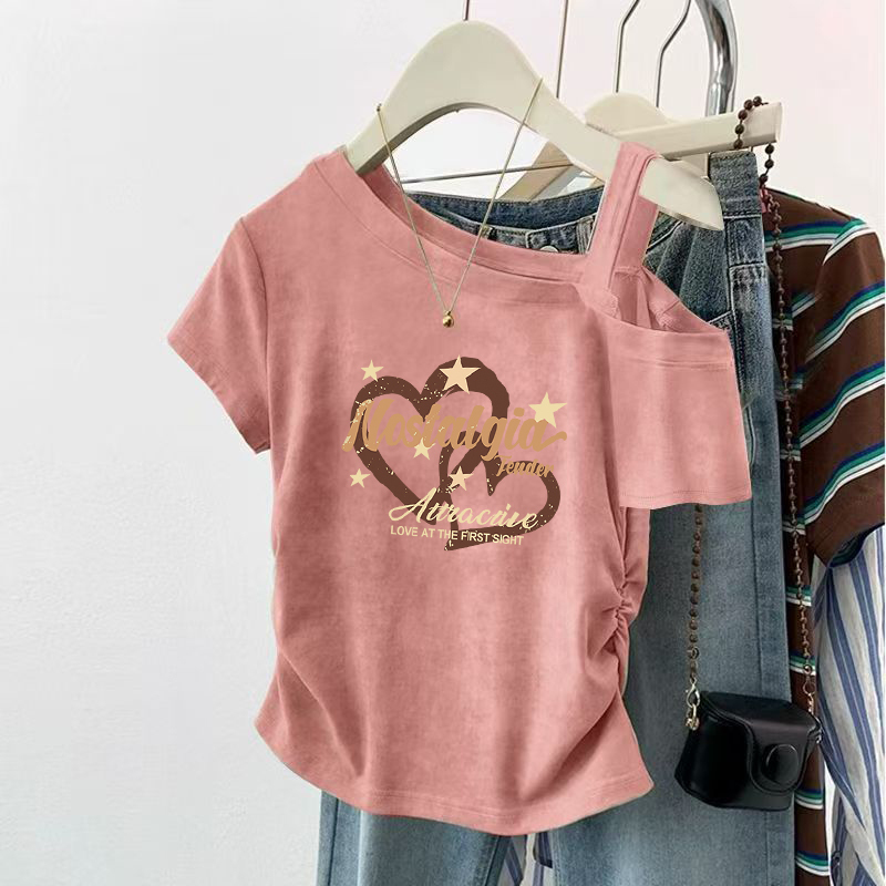 2026 New Short-Sleeved Summer Off-The-Shoulder Tie-Dye Irregular Simple T-Shirt with a Lazy Style and Slimming Design for Women