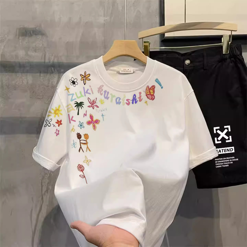 Kurishiki Isuke American-Style Trendy Brand Graffiti Print Short-Sleeve T-Shirt for Men, Summer Round Neck Pure Cotton Design High Street Half-Sleeve