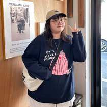 YUZI fish family big code ladies round neckline 2022 spring new fat MM Cartoon Printed Long Sleeve Blouse