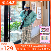 YUZI fish family big code lady plaid pants chubby MM2022 spring new bicolor loose slim striped long pants
