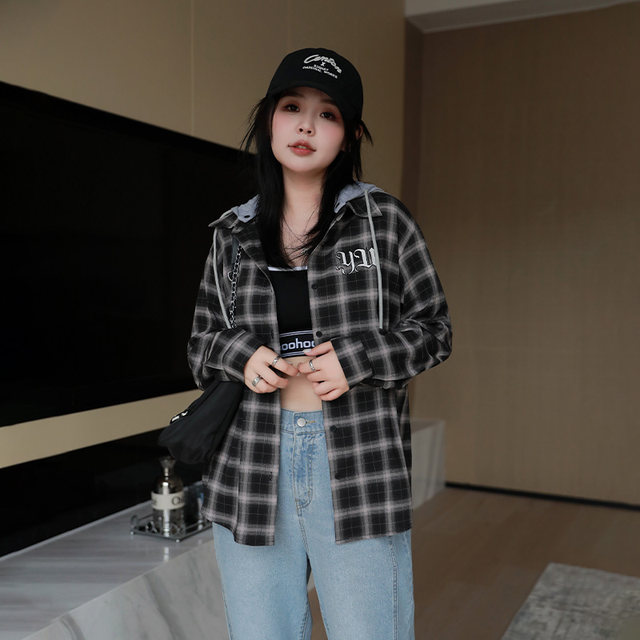 YUZI fish roe top plaid shirt plus size of women's autumn fat minh girl looks thin and cover the flesh 200 pounds hooded casual