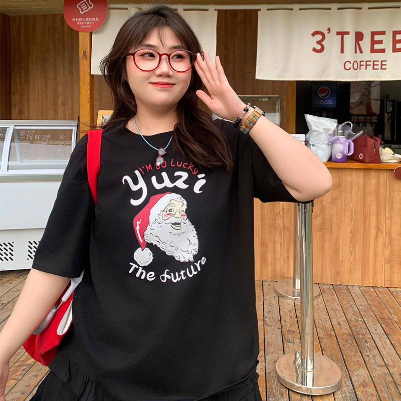Yuzi Santa Claus T-Shirt Plus Size Women's Summer Slimming Print Versatile Top for Slightly Chubby Figures 100kg