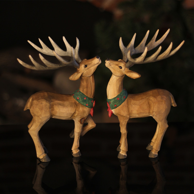 Solid Wood Hand-Carved Deer Christmas Gift Home Creative Modern Simple Living Room Desktop Decoration